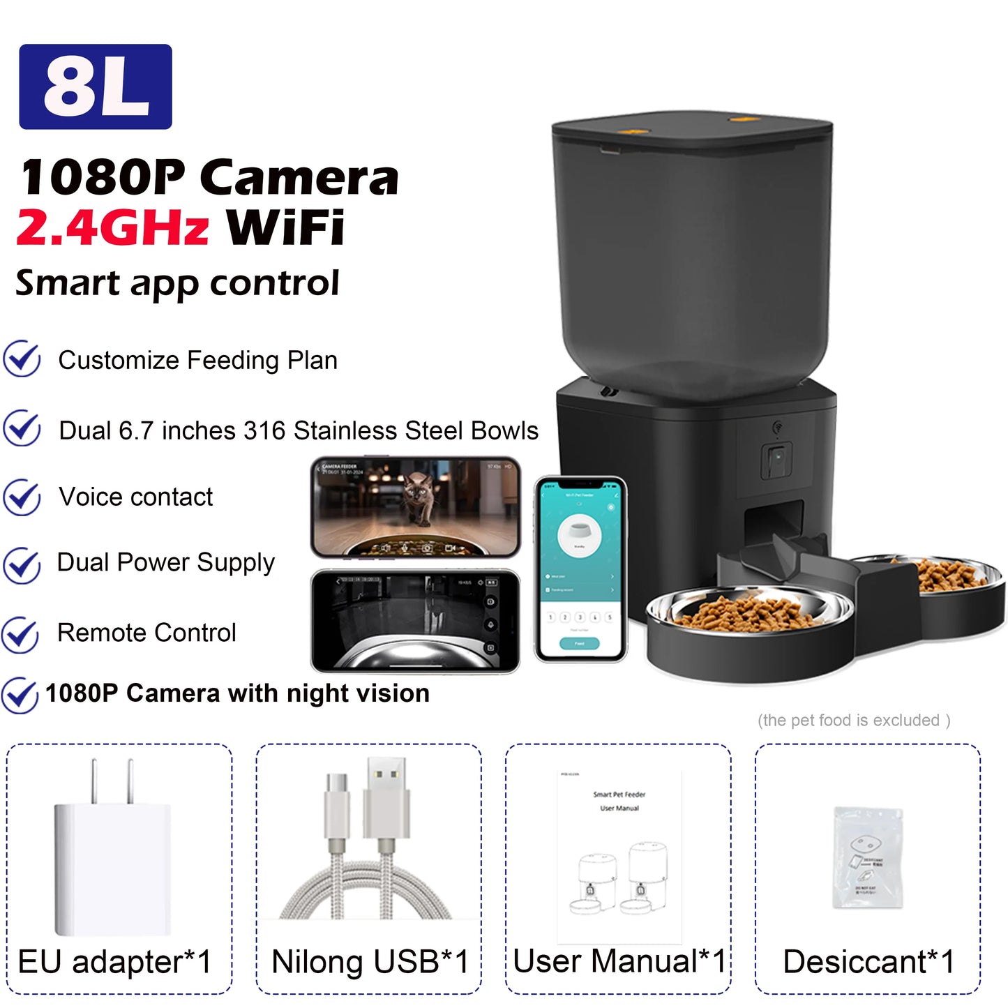 8L Automatische Kat Feeder Met 1080p Camera Video 5G WiFi Kattenvoer Dispenser Huisdier Smart Voice recorder Tuya APP Huisdier Auto Feeder