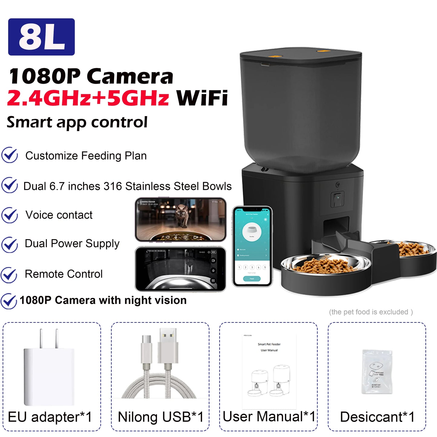 8L Automatische Kat Feeder Met 1080p Camera Video 5G WiFi Kattenvoer Dispenser Huisdier Smart Voice recorder Tuya APP Huisdier Auto Feeder